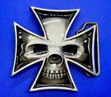Maltese Iron Cross with Skull Reflective Cutout Gothic Punk Vibe Belt Buckle