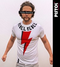 Pistola Boutique Hombre Blanco Crew David Bowie REBEL REBEL Lightning Bolt Camiseta