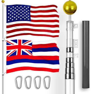 20 Ft Telescoping Flagpole Silver & American and Hawaii Flags Emb 300D 3x5Ft
