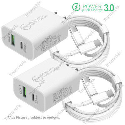 QC PD 20W Fast Charger Adapter For iPhone 15 Pro Android USB Type C Cable 3/6Ft