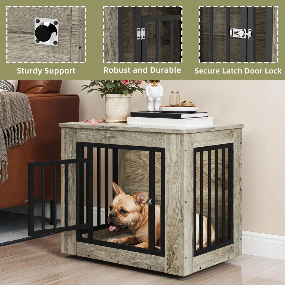 27" Iron Wood Dog Crate Furniture End Table Kennel for Small Pet Rabbit Hutch - Image 3 of 4