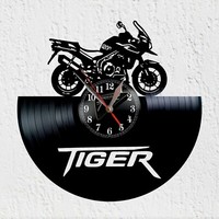 Wanduhr Vinyl Schallplatte Silhouette Tiger Motorrad Abenteuer Triumph Deko