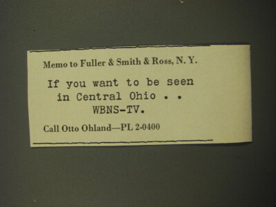 1959 WBNS-TV TV Station Advertisement - Memo to Fuller & Smith & Ross, N.Y.