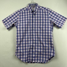 David Donahue Shirt Mens size Medium Button-Up Blue Plaid Short Sleeve