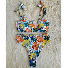 Unbranded Floral Bikini Set Multicolor High Waist Tie Shoulder Retro Boho L