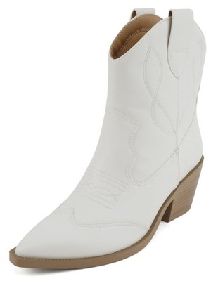 Soda Women Ankle Boots Western Cowboy Block Heel Stitched Booties INCITY-S White