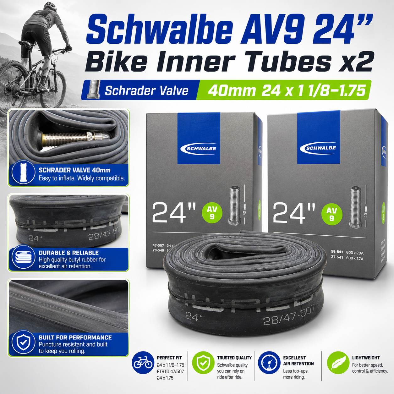 Schwalbe AV9 24” Bike Inner Tubes x2 Schrader Valve 40mm 24 x 1 1/8–1.75