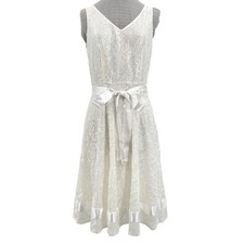 White Lace Satin Bow Dress Sleeveless V Ivory Wedding Eloping Tahari ASL Size 8