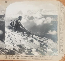 Mountain Climber in Clouds c.1890s Neisen Switzerland Stereoview Victorian Photo
