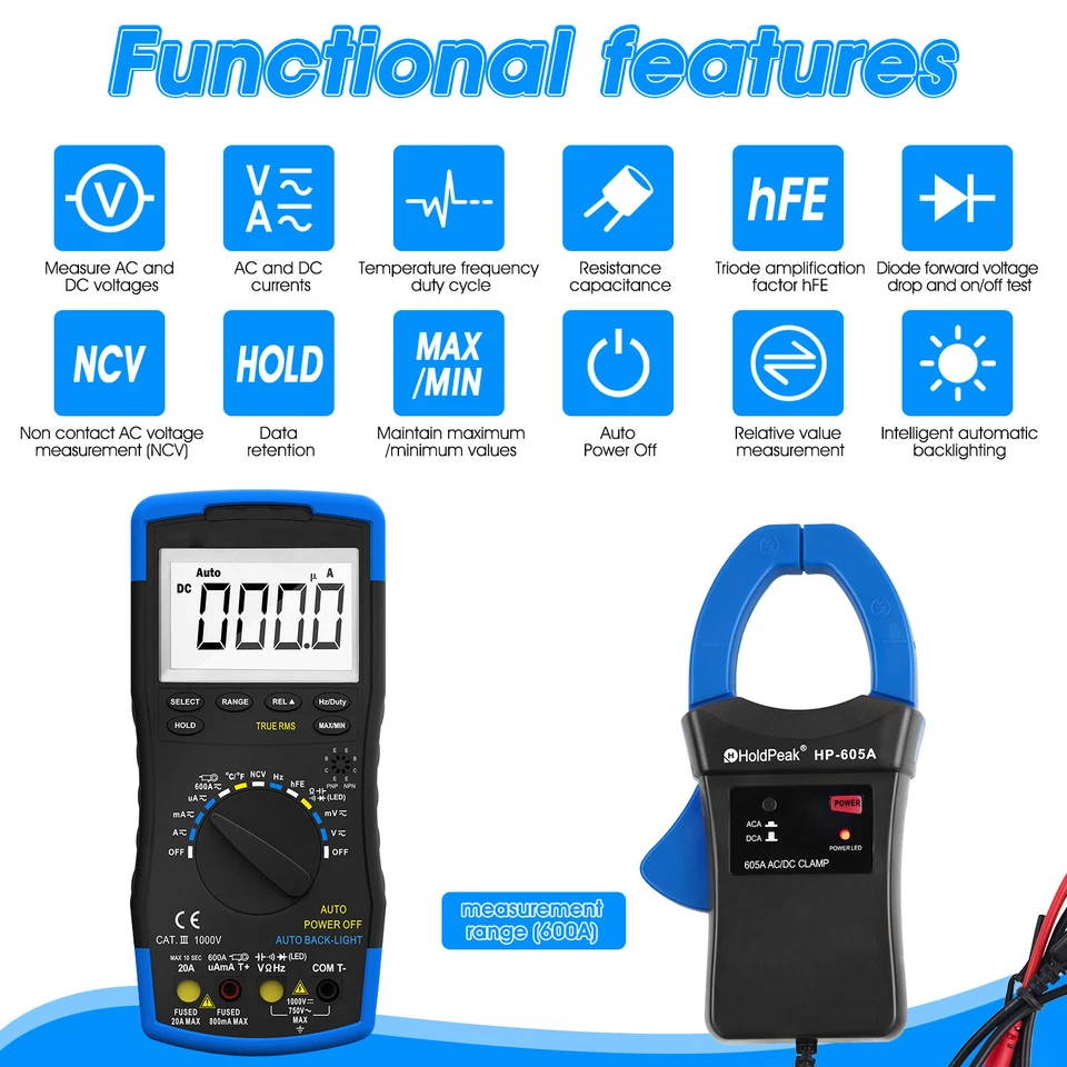 Digital Multimeter TRMS Car Range AC/DC Current Meter Ohm Voltmeter Ammeter DE - Bild 2 von 4