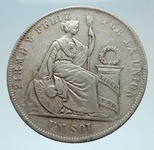 1869 PERU South America LIBERTY Antique Genuine Silver SOL Peruvian Coin i75304