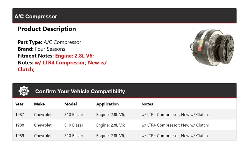 Para Chevrolet S10 Blazer 1987-1989 2,8 L V6 compresor de aire acondicionado 4 estaciones 1988 Foto 2 de 4