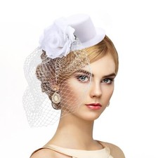 Elegant Tea Party Fascinators - White Derby Hats with Veil Floral and