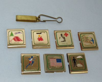 Lot of 7 BOY SCOUTS Brass Belt Loop Slide Skill Merit Badge Awards 1970's BSA
