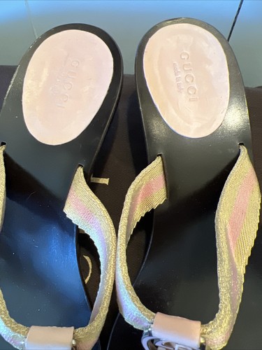 Gucci 9 GG Logo Sandals Mid Kitten Heels THONGS Flip Flop Slides Pale Pink Gold - Picture 7 of 23