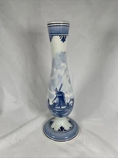 DELFT BLAUW HANDPAINTED 10" HIGH POTTERY BUD VASE Sailboat Windmill Holland