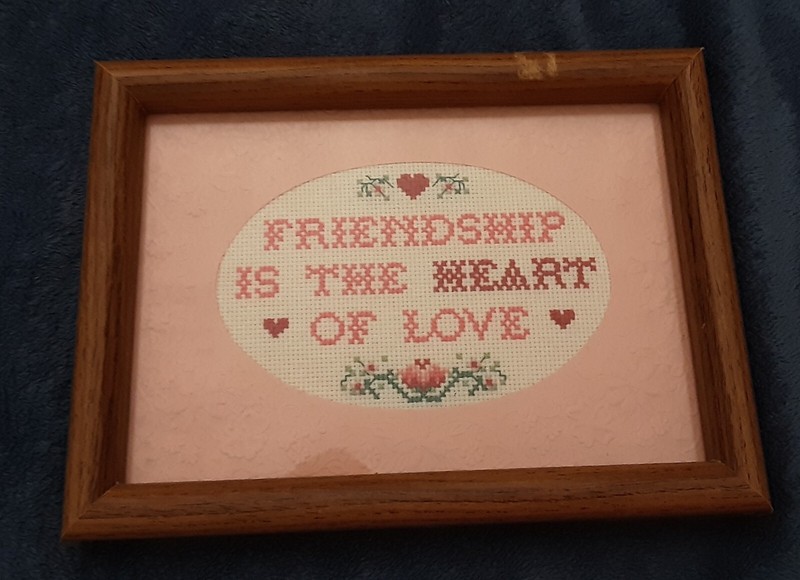 Framed Finished Cross Stitch Friendship is the Heart of love, 5" by 8"