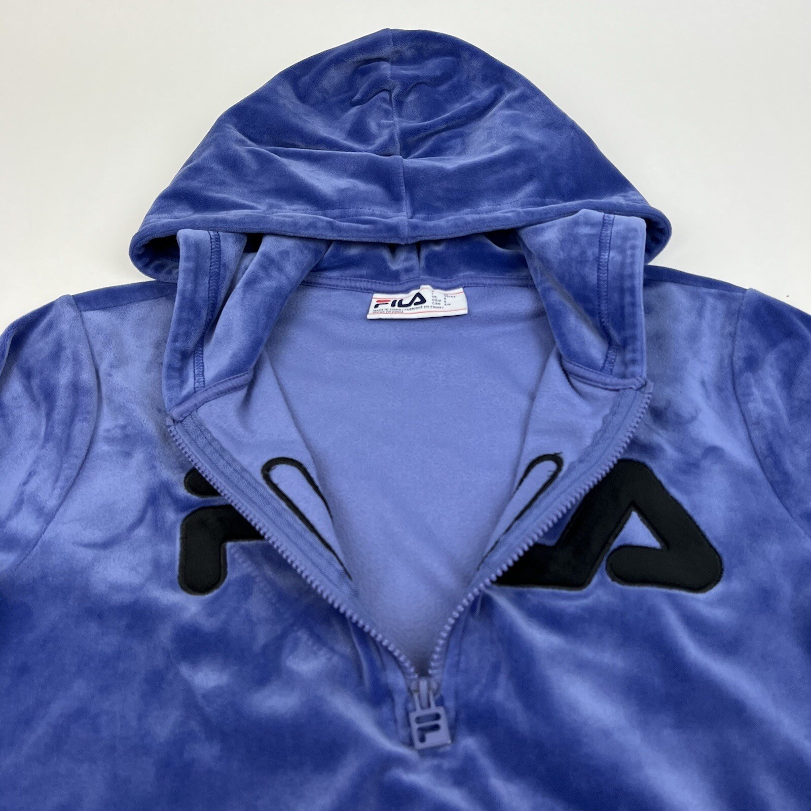 Felpa con cappuccio pullover vintage FILA donna indaco 1 4 cerniera piccola manica lunga