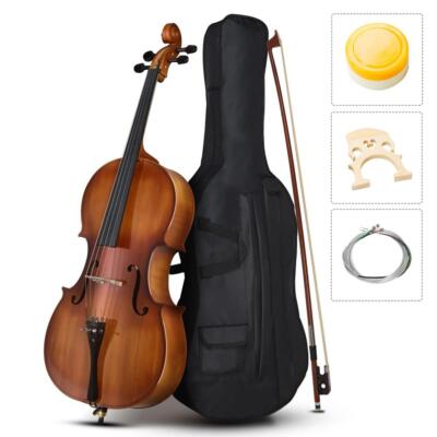 Full Side 4/4 Matte Natural Color Spruce Panel Cello with Bag Bow Rosin Bridge