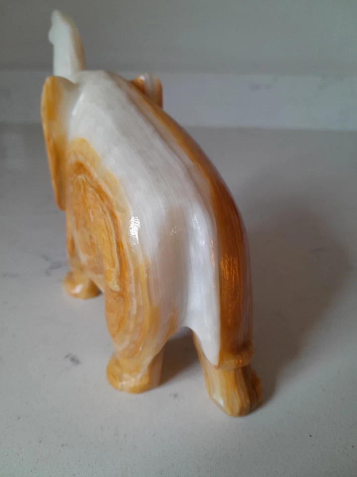 Vintage Hand Carved Onyx Marble Stone Elephant Trunk Up Tusks 5.5" Figurine - Image 2 of 4