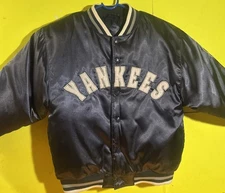 MLB New York NY Yankees Bomber Jacket Blue Satin Mighty Mac Sports S 8/10 Women?