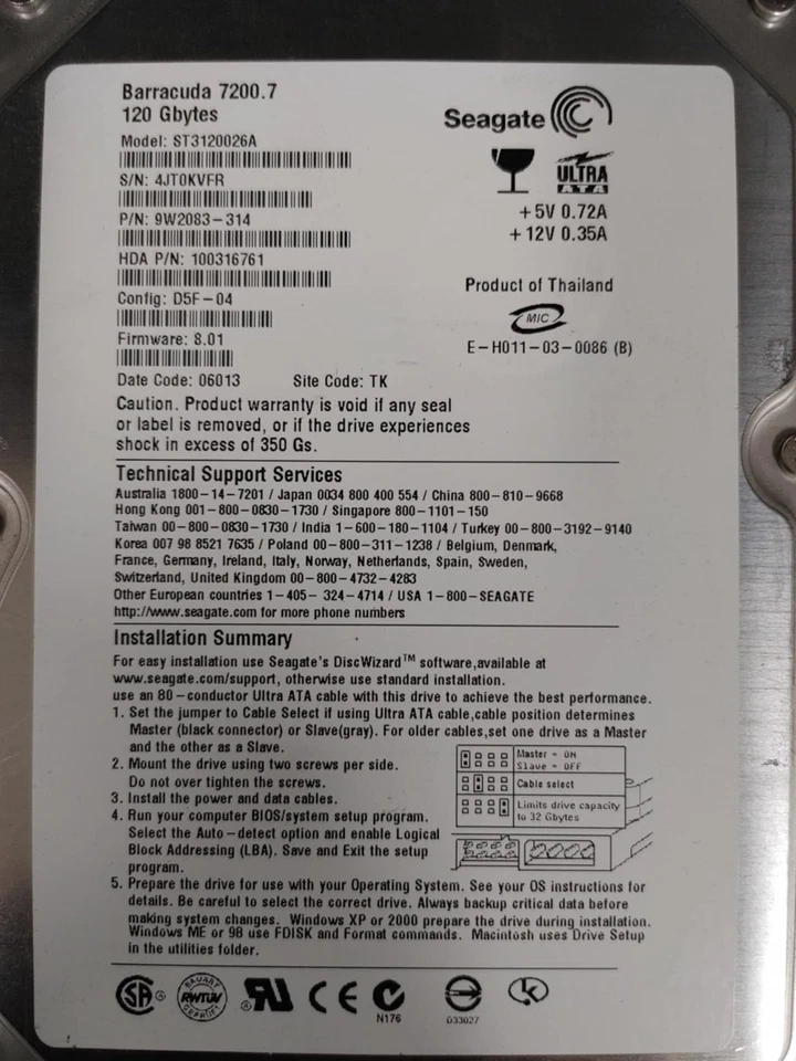 Seagate 100316761 ST3120026A 120GB 7.2K RPM FW 8.01 DC 06013 Ultra-ATA/100 3.5" - Image 3 of 4