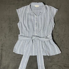 Max Studio Top XL Gingham Blouse Blue Tie Waist Ruched Back Blue White Collared