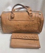 Vintage Hand Tooled Leather Handbag Satchel Purse W Wallet