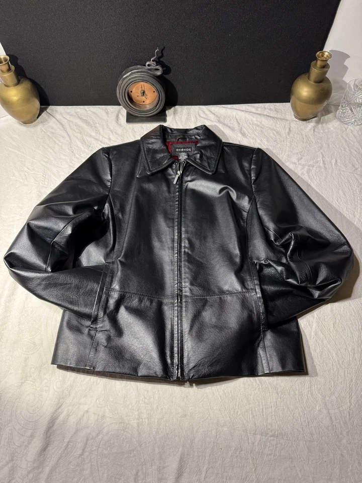 Классический George женщин черный натуральной кожи полный молнии красный с подкладкой куртка Sz.M 8/10  - Изображение 2 из 4
