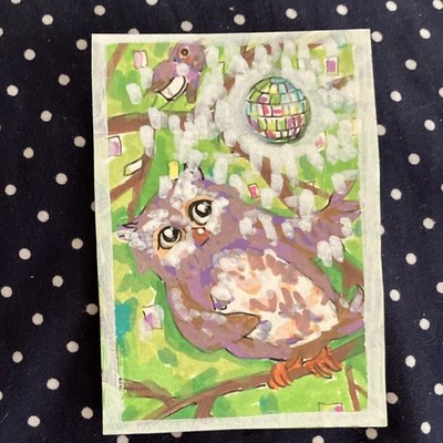 ACEO Owls Dancing disco ball Acrylic Watercolor Pen Signed