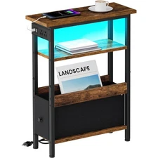 Narrow Side Table with Charging Station and LED Light, End Table with 1 Fabri...