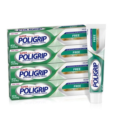 Poligrip Free Denture Adhesive Cream, Strong 2.4 Ounce (Pack of 4), White