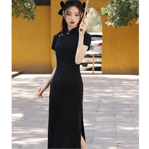 Mujeres Negro Largo Qipao Vestido Mejorado Cheongsam Elegante Chino Tradicional Club - Imagen 4 de 11