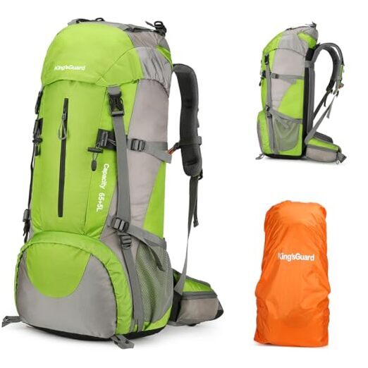 King'sGuard 70L Hiking Backpack Waterproof Camping Backpack with Rain Green