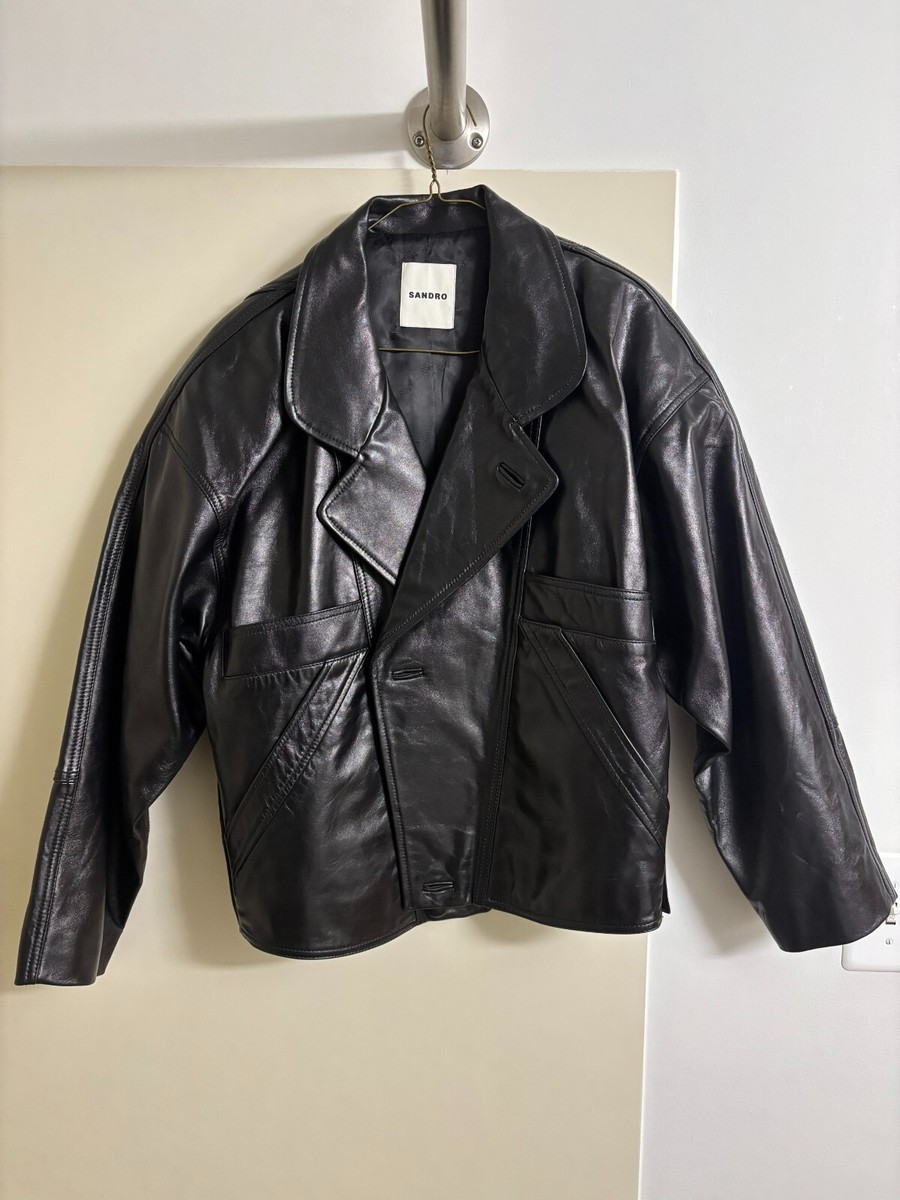 Sandro Clem Oversized New Black Leather Jacket