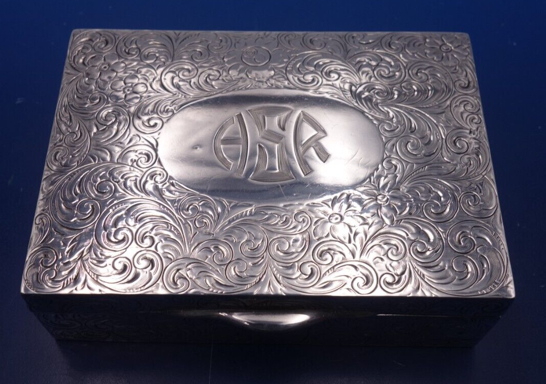 Antique sterling silver trinket cigarette pill box with scrolling