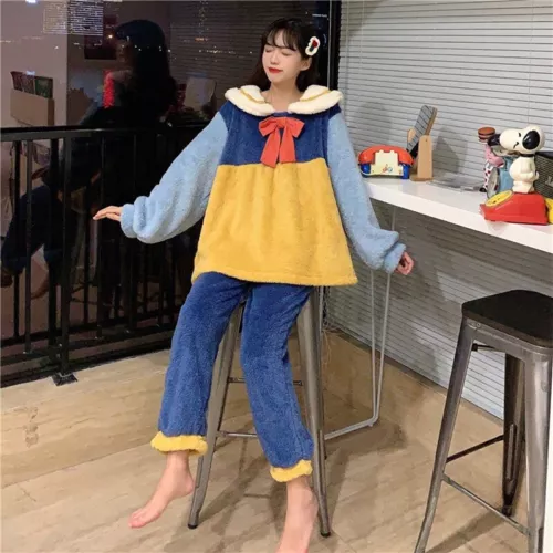 Women Winter Two-Piece Set princess Sweet Bow-Knot Ruffled Loose Plush Pajamas H - Picture 8 of 17