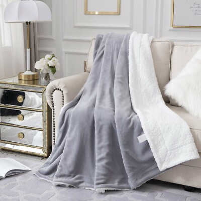 Grey Sherpa Fleece Blanket Reversible Throw Thermal Soft Fluffy Winter  UK