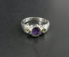 Oval Purple Amethyst with Peridot Green Stones Size 7 Sterling Silver 925 Ring