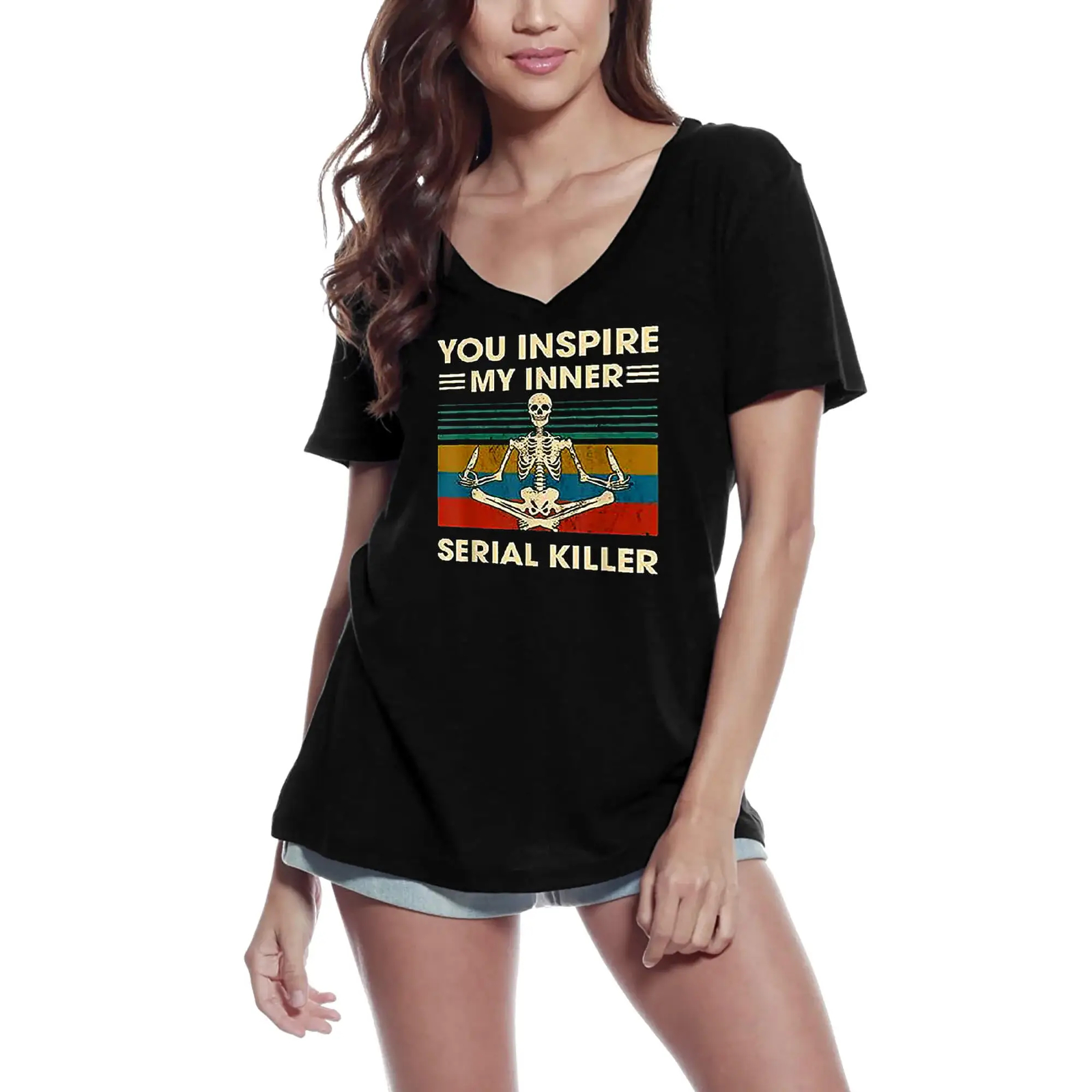 Camiseta de Cuello V para Mujer Inspiras Mi Paz Interior De Yoga Asesino En