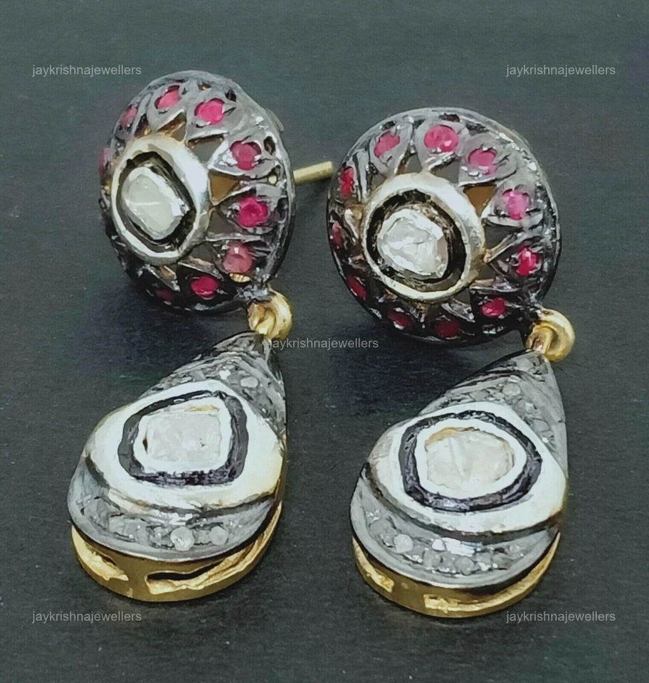 Women's Polki Diamond Teardrop Earring, 925 Silver Ruby Gemstone Earring Wedding - Image 3 of 4