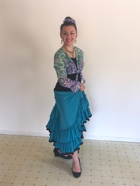 Falda flamenca de aguamarina estilo estrella, falda de fusión tribal