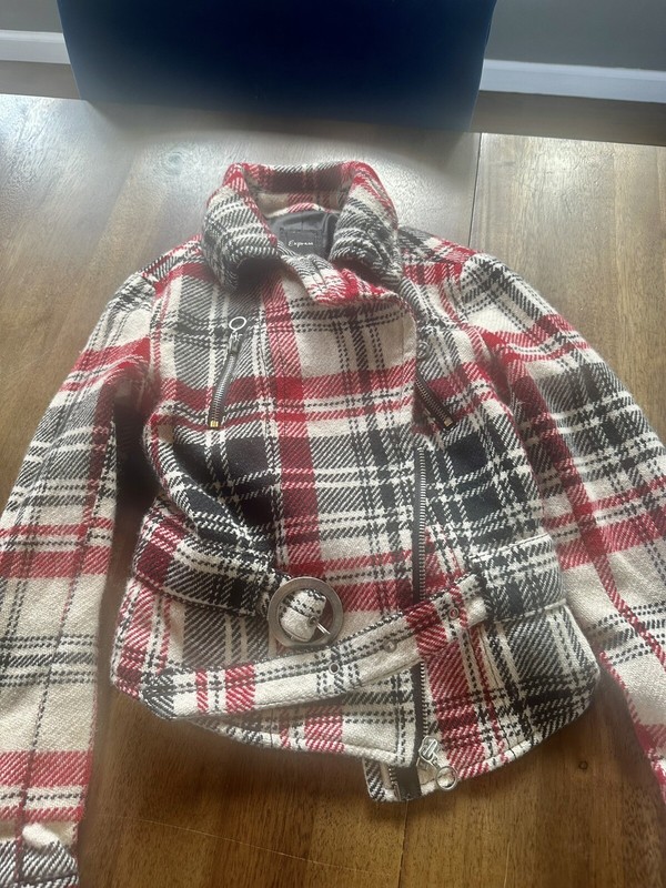 Express Cropped Moto Plaid Peacoat Jacket Belted Wool Blend XS Good condition