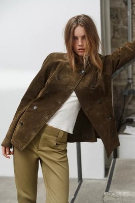 Zara 100% REAL SUEDE LEATHER FITTED JACKET Colour LIGHT KHAKI Size S