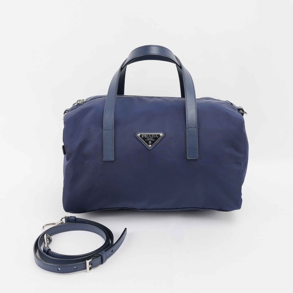 Prada Nylon Boston Bag – Navy Blue Tessuto, Saffiano Leather Handles & Strap