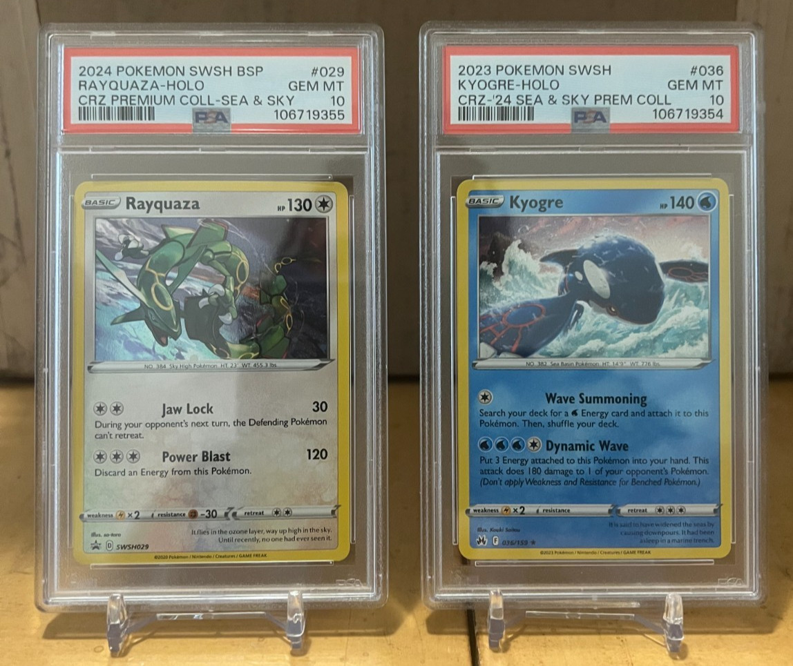 Pokémon- Rayquaza 029 + Kyogre 036 Sea & Sky Promo Cosmos Holo PSA 10 Sequential