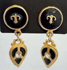 Gold Tone Fleur De Lis Motif Black Enamel Rhinestone  s Motif Regal French Crown