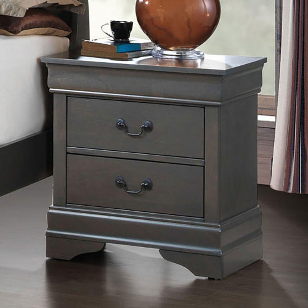 1pc Nightstand, Gray, Antique Nickel Hanging Pulls, Solid Wood, Transitional