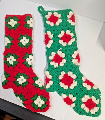 Set of Two Crocheted Granny Square Green Red White Christmas Stockings