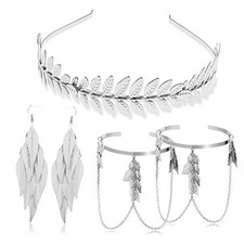 4 Pieces Grecian Goddess Leaf Laurel Costume Accessories Set Roman Toga Silver